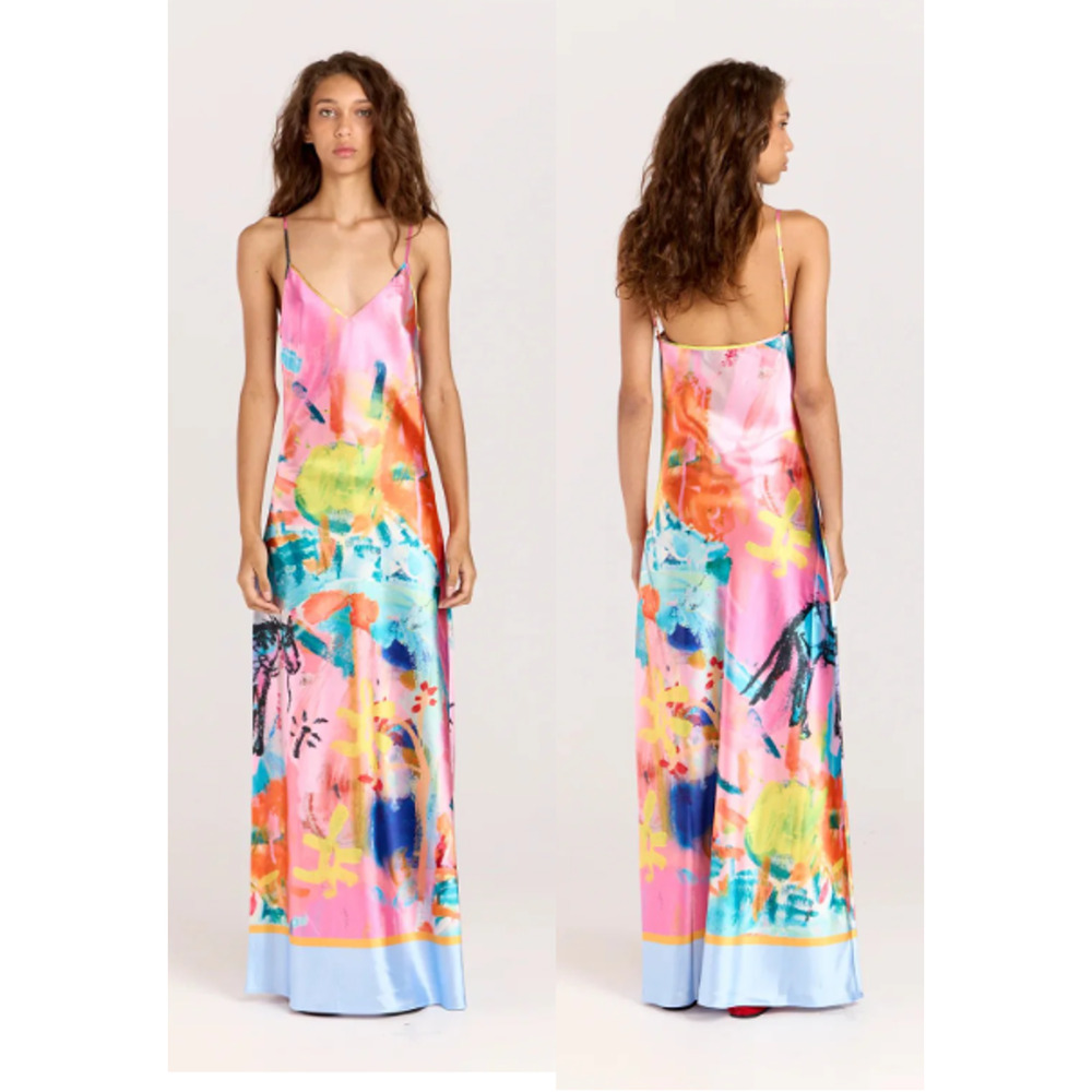 Romy The Label Rodeo Satin Watercolor Maxi Slip Dress Pink Multi Women's Size M